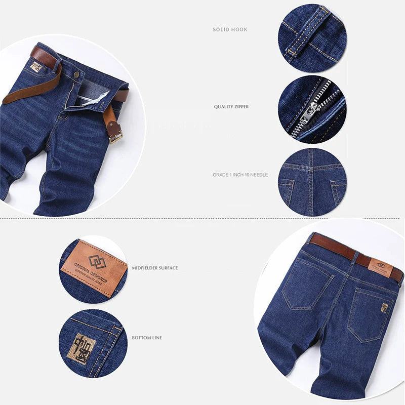 Men Spring Autumn Slim Fit Straight Leg Stretch Jeans Business Casual