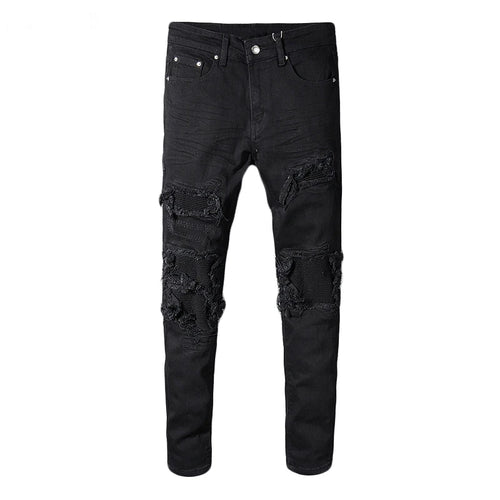 Sokotoo Men's black patchwork stretch denim biker jeans for motorcycle