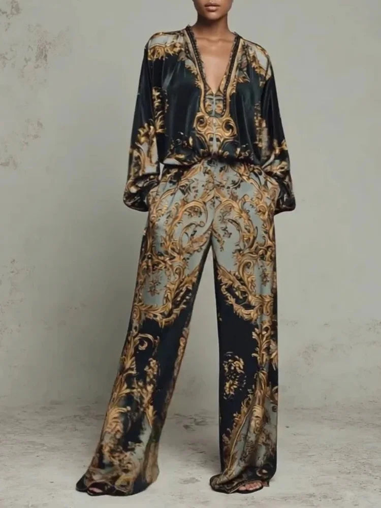 Retro Pattern Printed 2 Pieces Set for Woman Sexy Deep V Neck Top