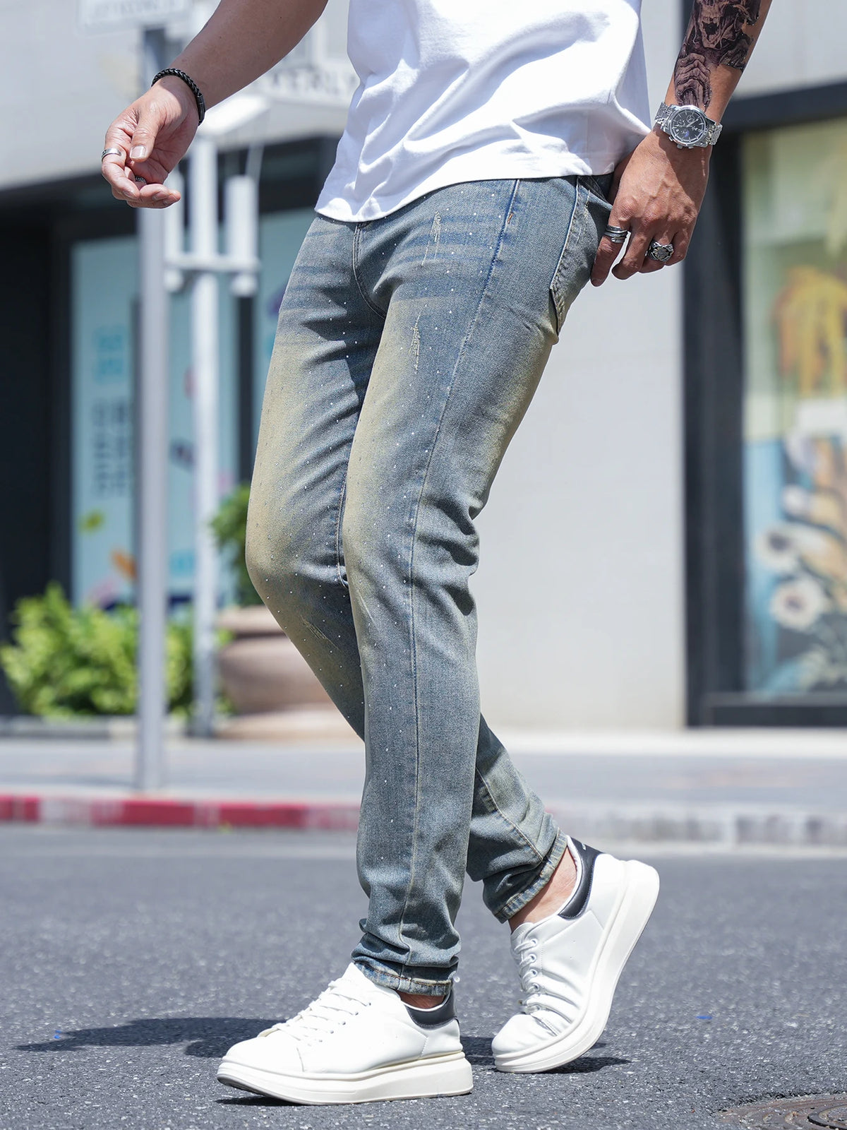 Men Pants Jeans Clothing Denim Trousers Spring Summer Rhinestone