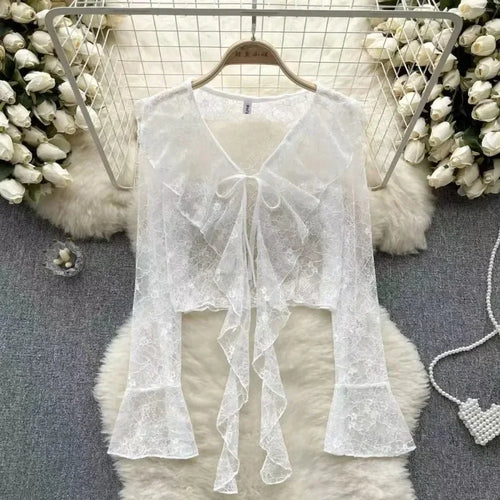 Summer Sweet Women Sun Protection Blouse Fashionable Bell Sleeve Lace