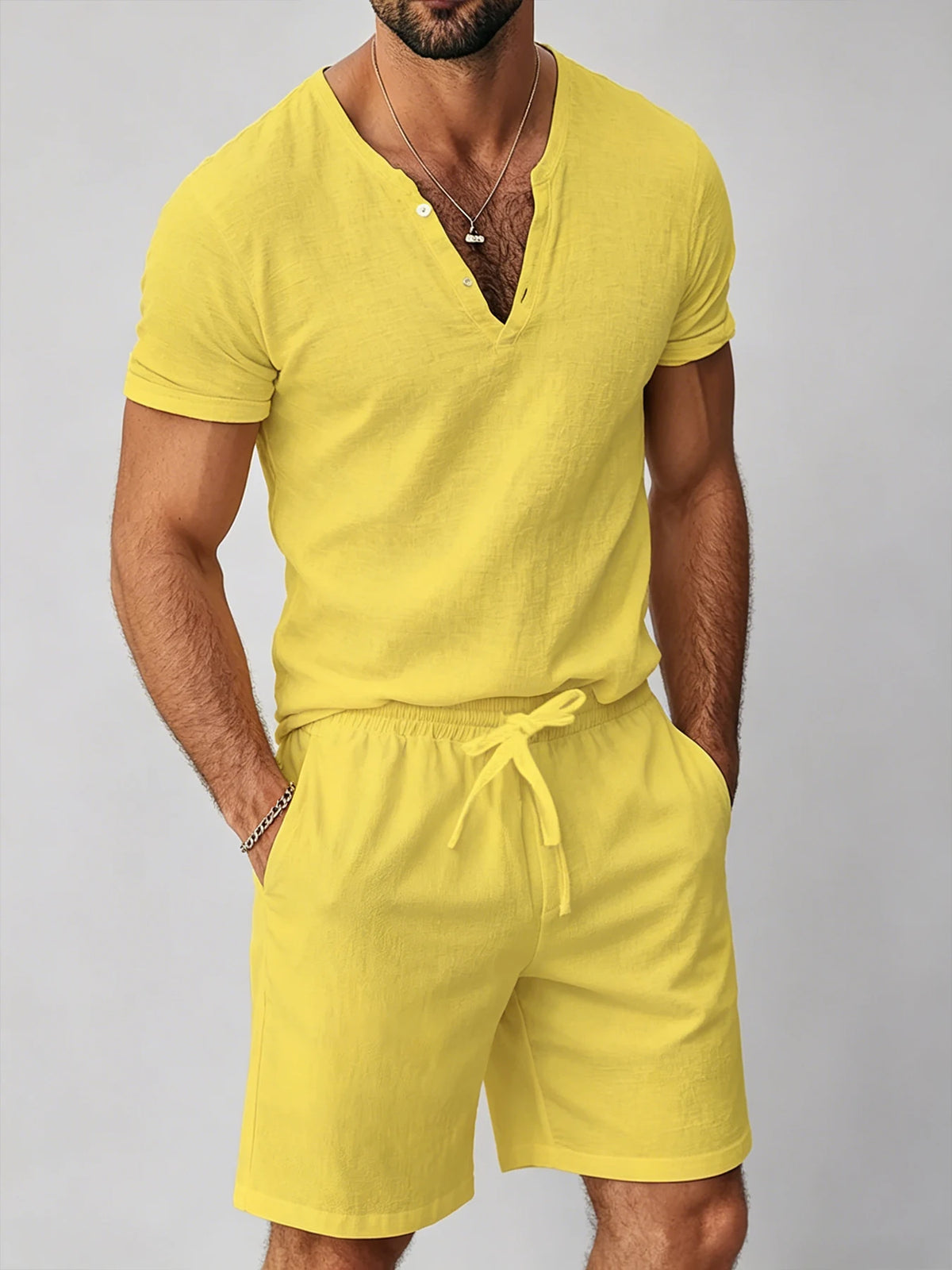 Men's Cotton Linen 2-Piece Set V-Neck Henley T-Shirt Drawstring Shorts