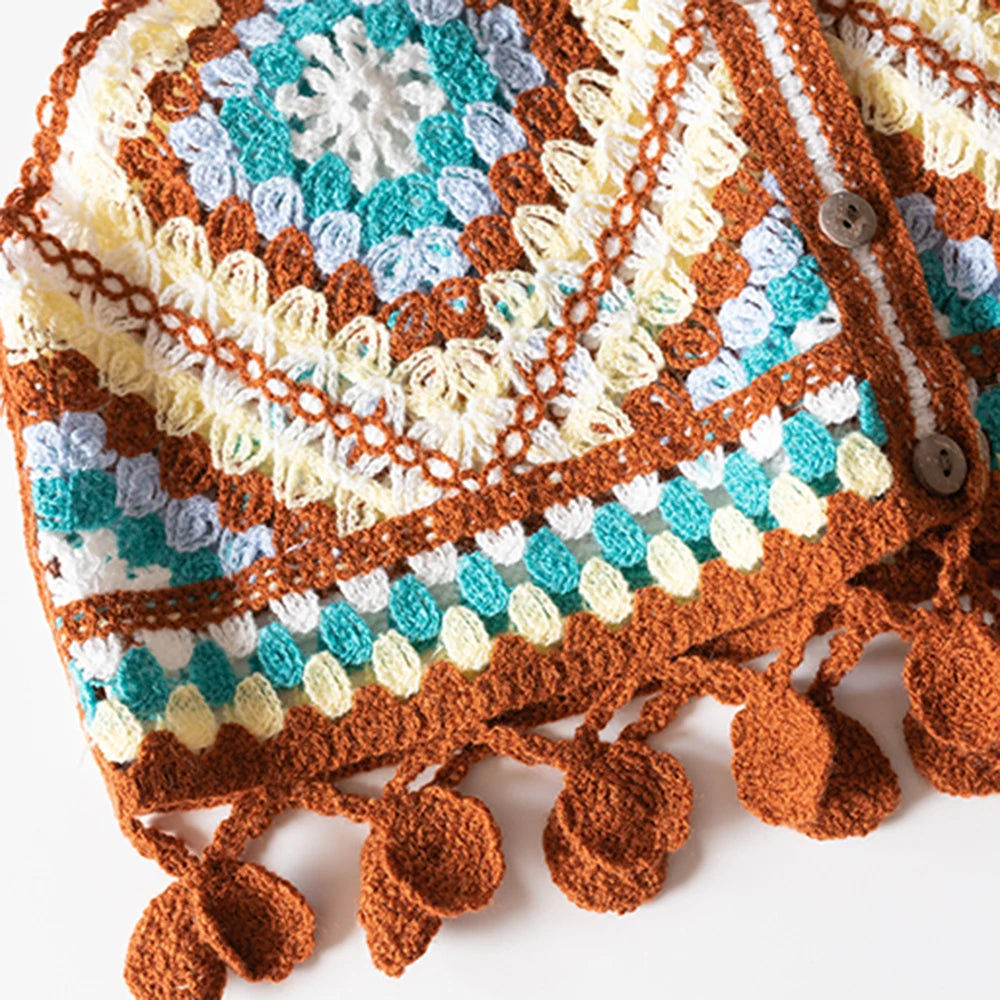 Granny Square Crochet Knit Vest Top Boho Fringed Strappy Crop Cami for