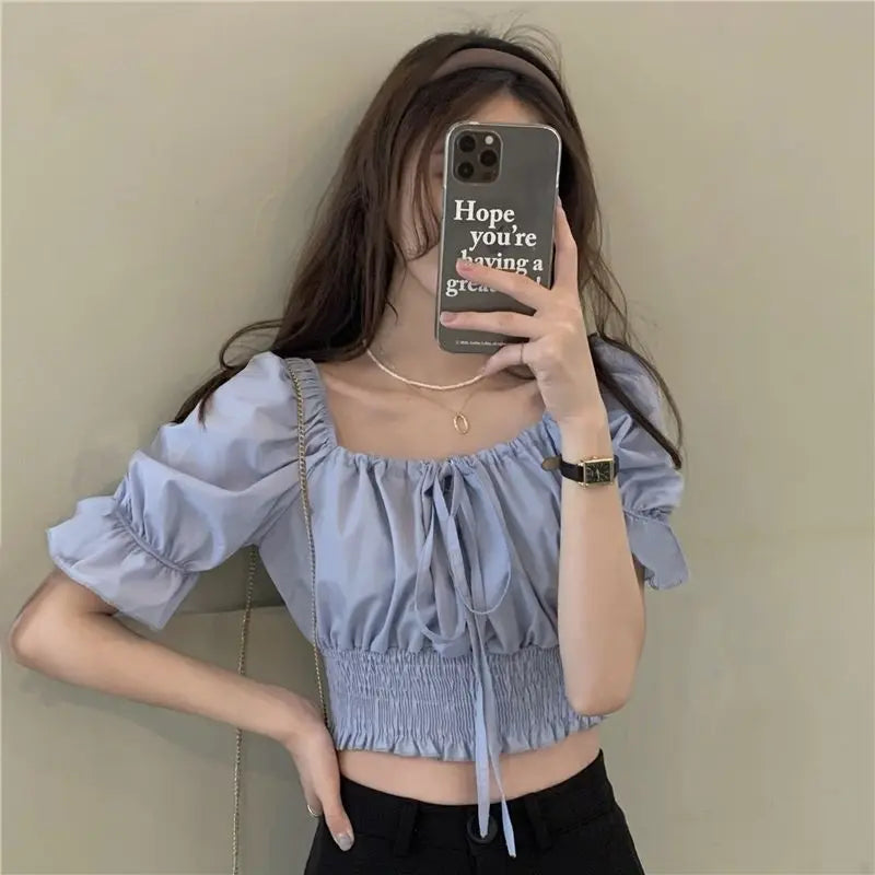 Summer Off Shoulder Lace Up Short Sleeve Blouse Women Crop Top White