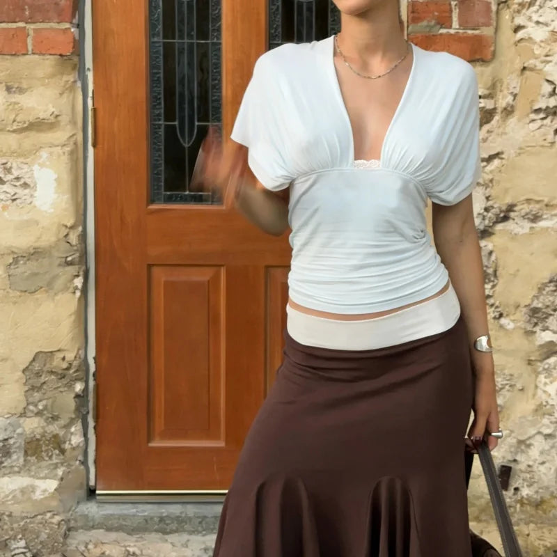 Womens Off The Shoulder Cinched Waist Wrap Top Y2k Ruched Tie Back