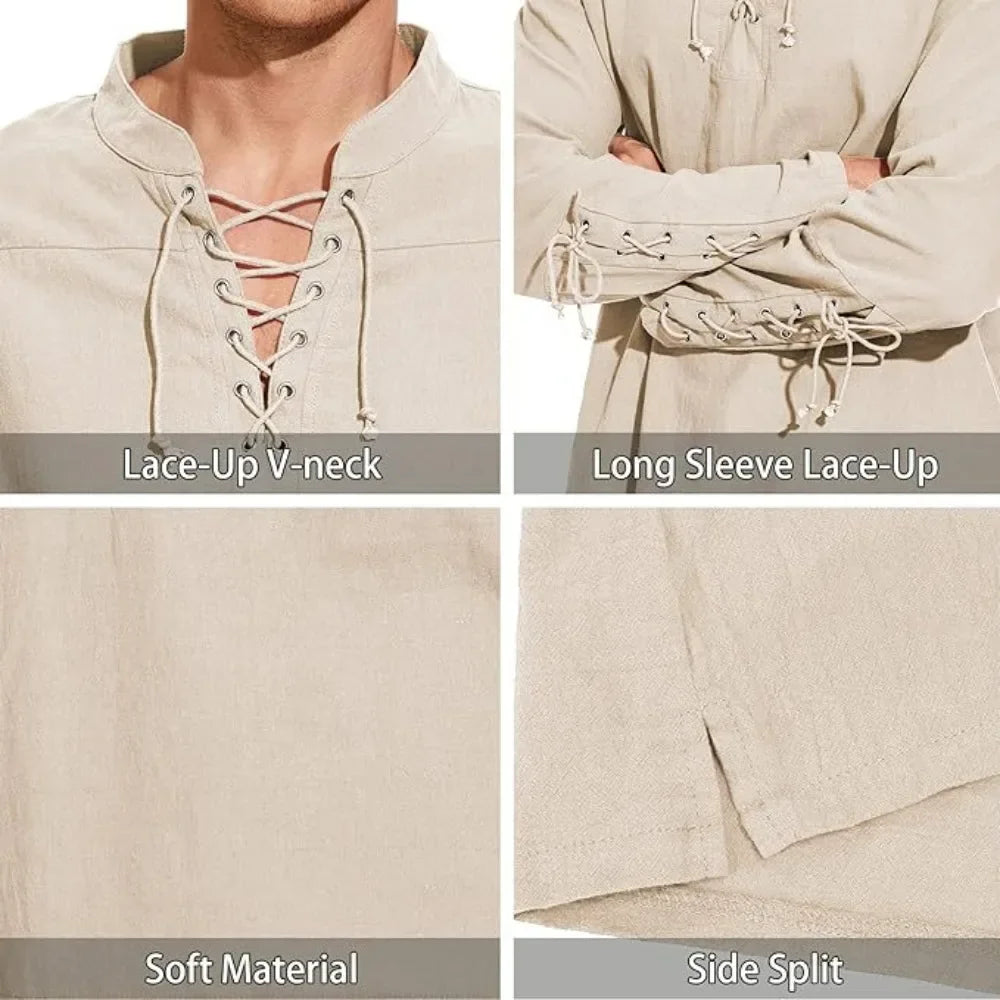 Men's Long Sleeve Shirts Lace Up V-neck Cuff Medieval Pirate Dress Up