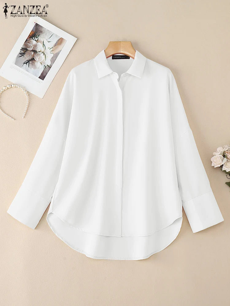 ZANZEA Oversized Woman White Shirts Turn-Down Collar Long Sleeve