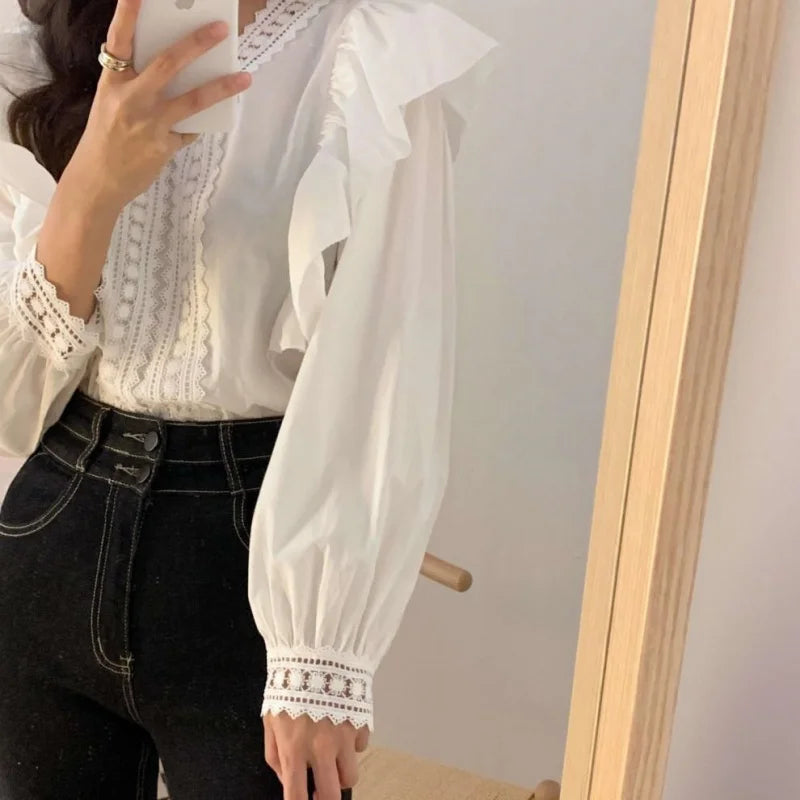 V-neck Ruffles Puff Sleeve Women Blouse Long Sleeve Tops Long Sleeve