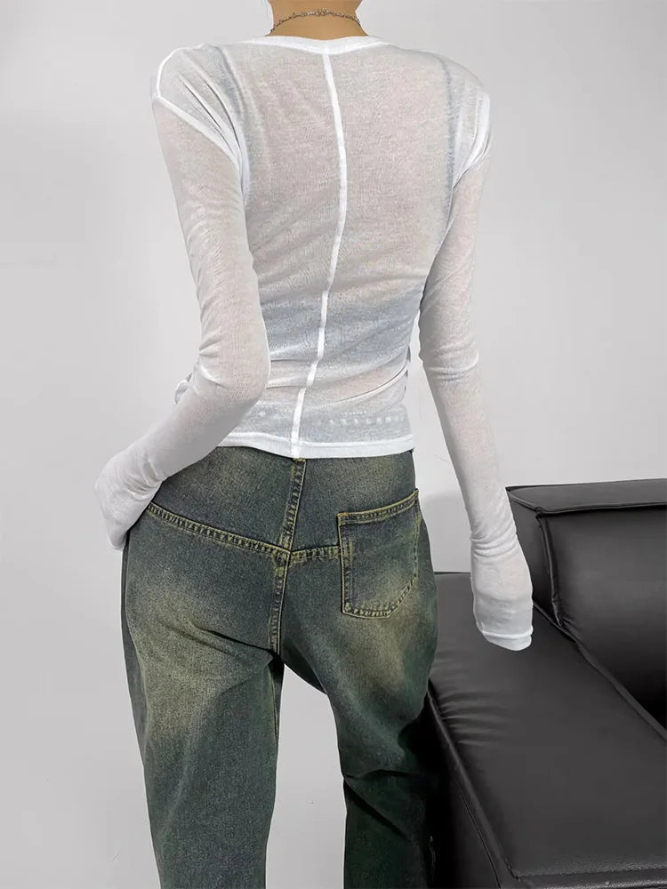 Women Crew Neck Fitted Long Sleeve Semi Sheer T-shirt