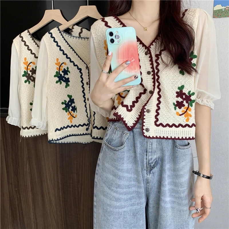 Flower Embroidery Crochet Blouse with Chiffon Sleeve Button Front