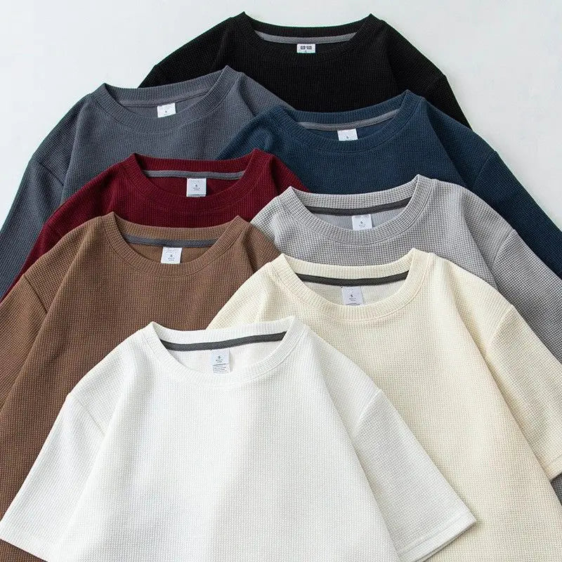 Waffle Short Sleeved T-shirt for Men and Women Summer Japanese Round