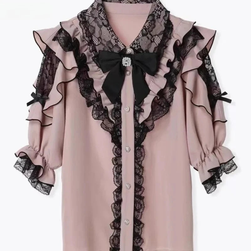 Summer Japanese Gothic Lolita Style Bow Shirts Women Sweet Y2k Lace
