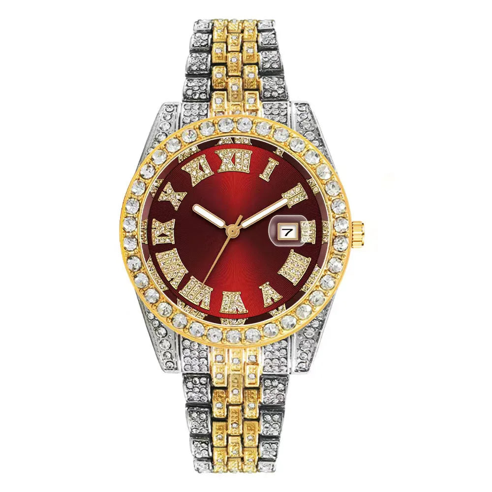 Luxury Hip Hop Stainless Steel Gold Color Calendar Watch For Men Iced