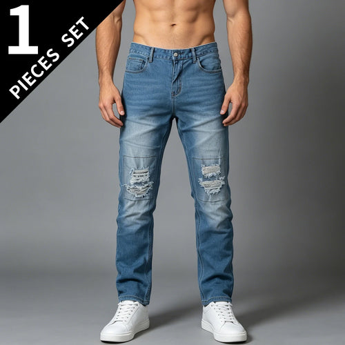 Men's Jeans Autumn And Winter Solid Color Blue Ripped Hole Fashionable