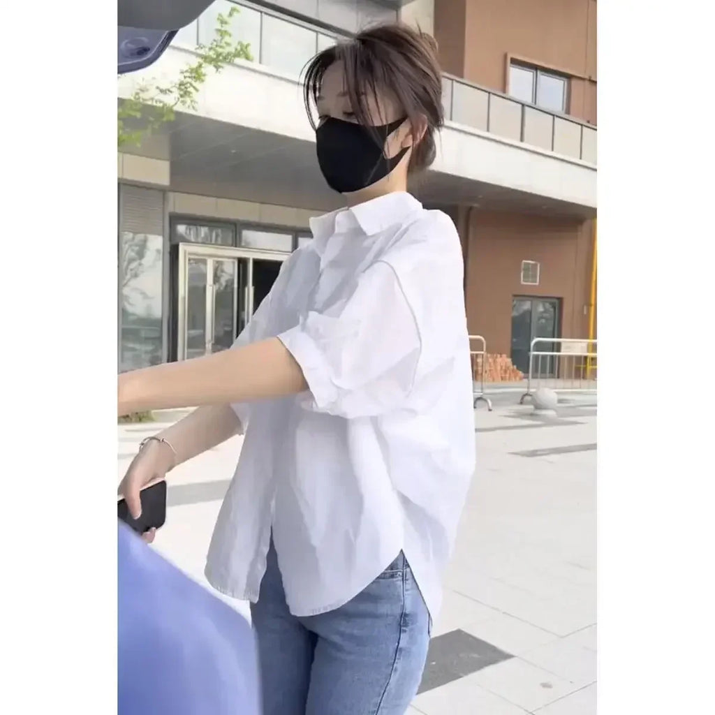 Women Blouses Elegant Streetwear Office Casual Loose Button Up White