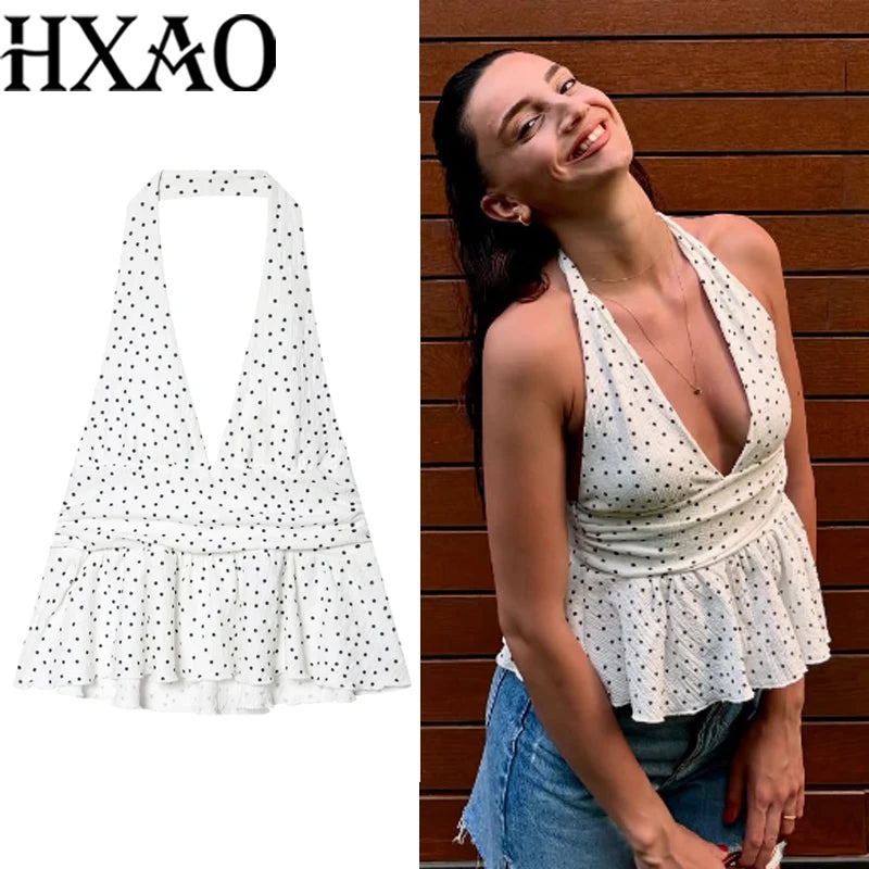 HXAO Polka Dot Crop Top Women Corset Summer Halter Top Sleeveless