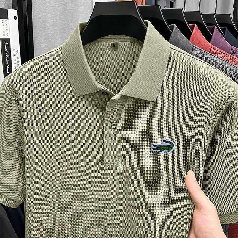100% Cotton High-End Men New Short-Sleeved Polo Shirt Lapel Button