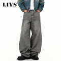 American Men's Retro Baggy Wide Leg Gray Black Jeans Spring Summer