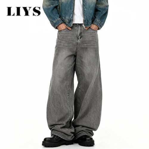 American Men's Retro Baggy Wide Leg Gray Black Jeans Spring Summer