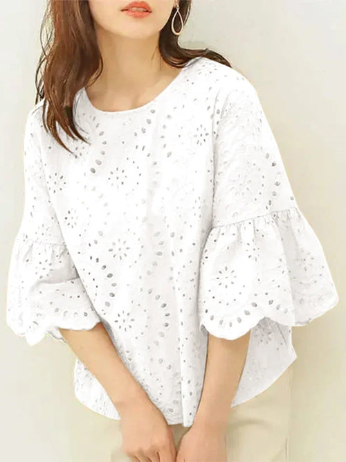 ZANZEA 3/4 Ruffle Sleeve Loose Blusa Women Hollow Out Lace Patchwork