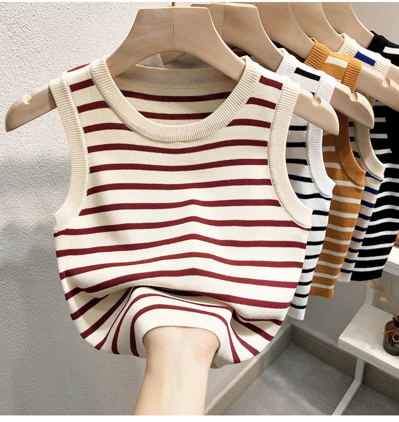 2026 Summer Striped Cami Top Sleeveless Ice Silk Knit Tank Top Women