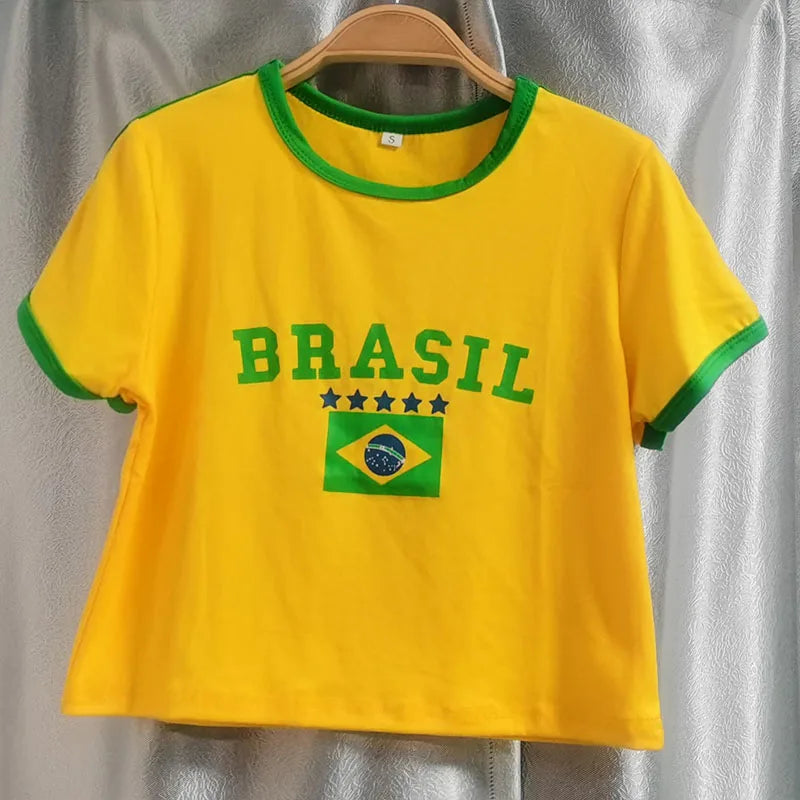 2000s Aesthetic BRASIL Letter Print T-Shirt Shorts Suit Women Vintage
