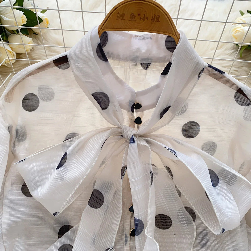 Women Butterfly Bow Lace-up Vintage Lantern Long Sleeve Top Slim