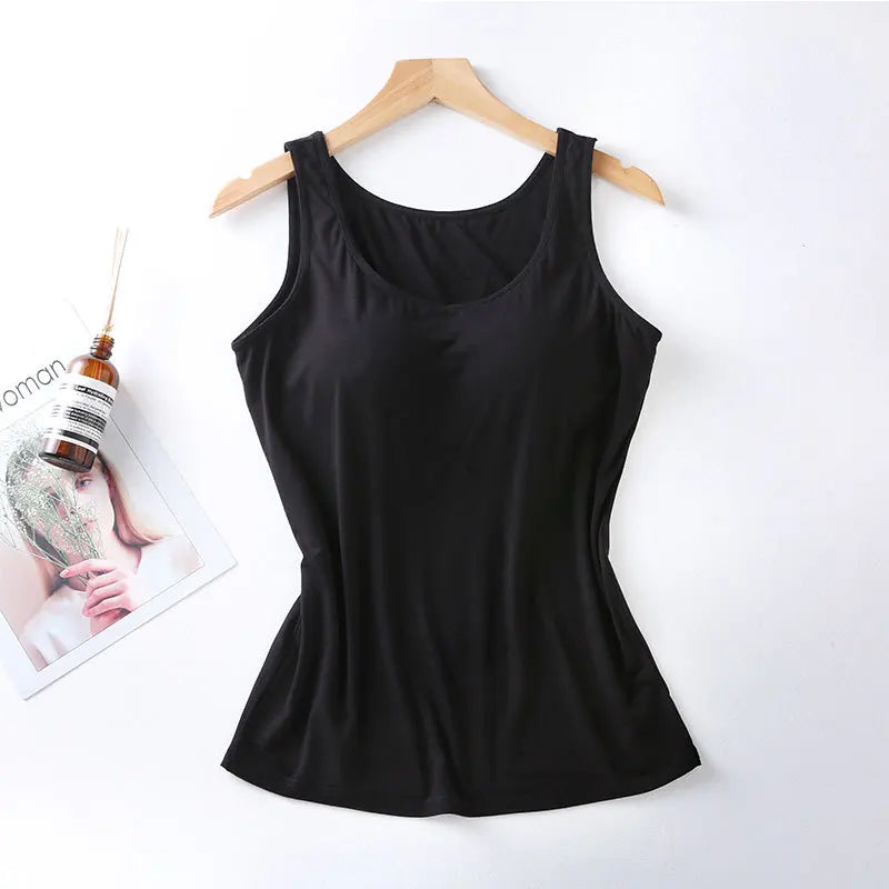 2023 Women's Vest Tops with Built In Bra Neck Vest Solid Color Padded