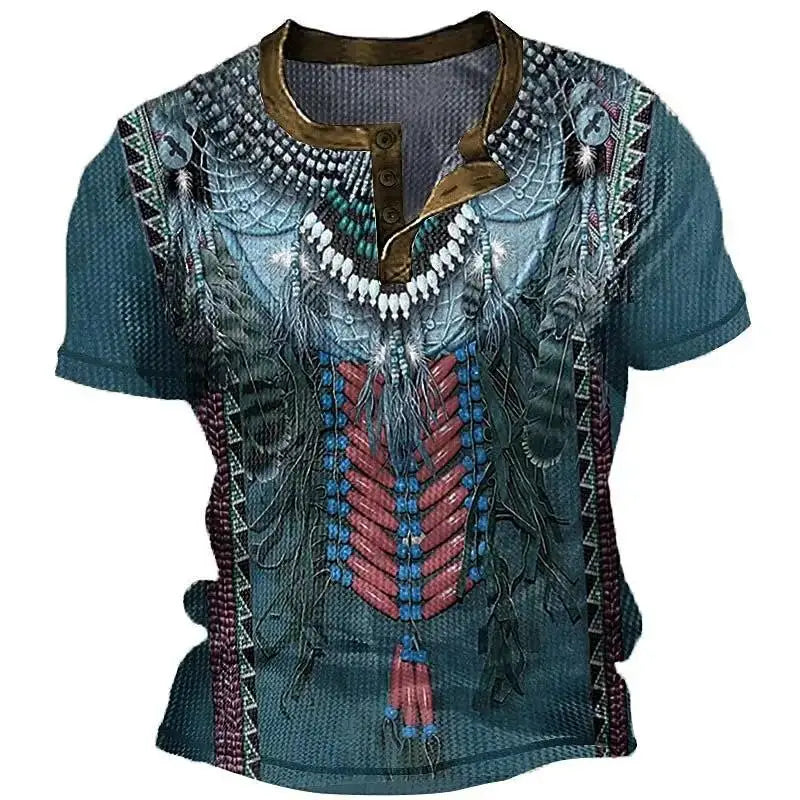 Indian Henley Shirts Ethnic Style 3D Print Streetwear Men's Vintage