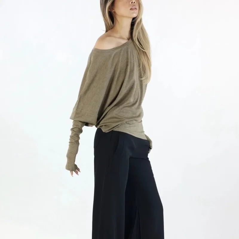 Casual T-Shirt Pleated Vintage Simple Off Shoulder Tees Y2k Streetwear