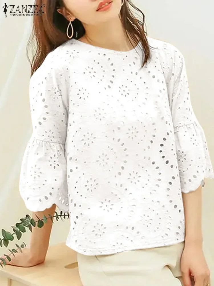 ZANZEA 3/4 Ruffle Sleeve Loose Blusa Women Hollow Out Lace Patchwork