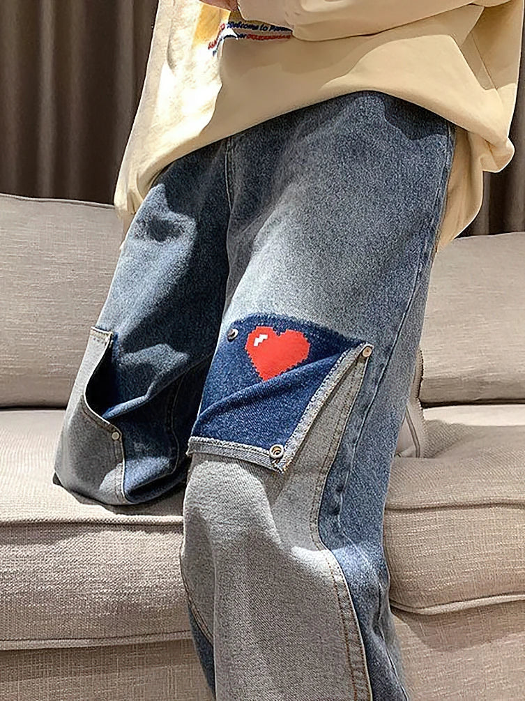 Harajuku Wide Leg Baggy Cargo Jeans Pants Men Heart Oversize Straight