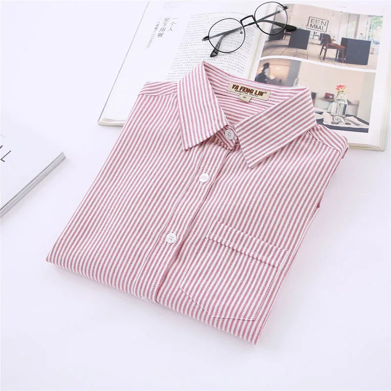 White Blue Pink Striped Shirt Women 2024 Spring New Simple Casual Long