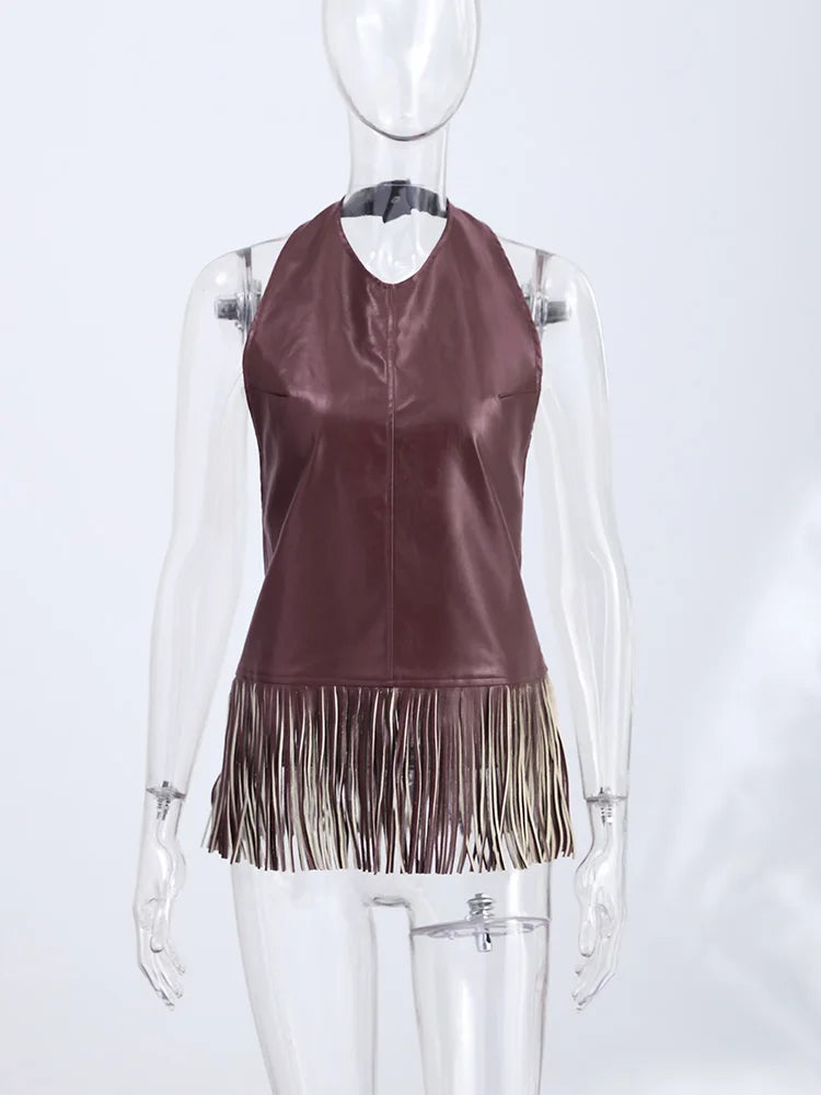 Sexy Women's Tassel PU Leather Vest Backless Sleeveless Button Halter