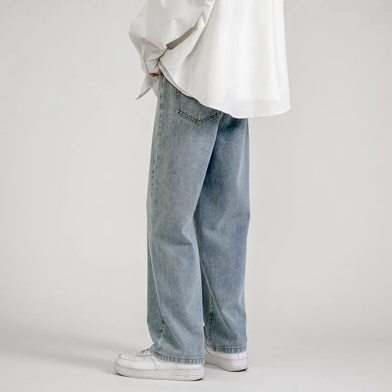 Korean Fashion Men's Baggy Jeans Classic All-match Solid Color