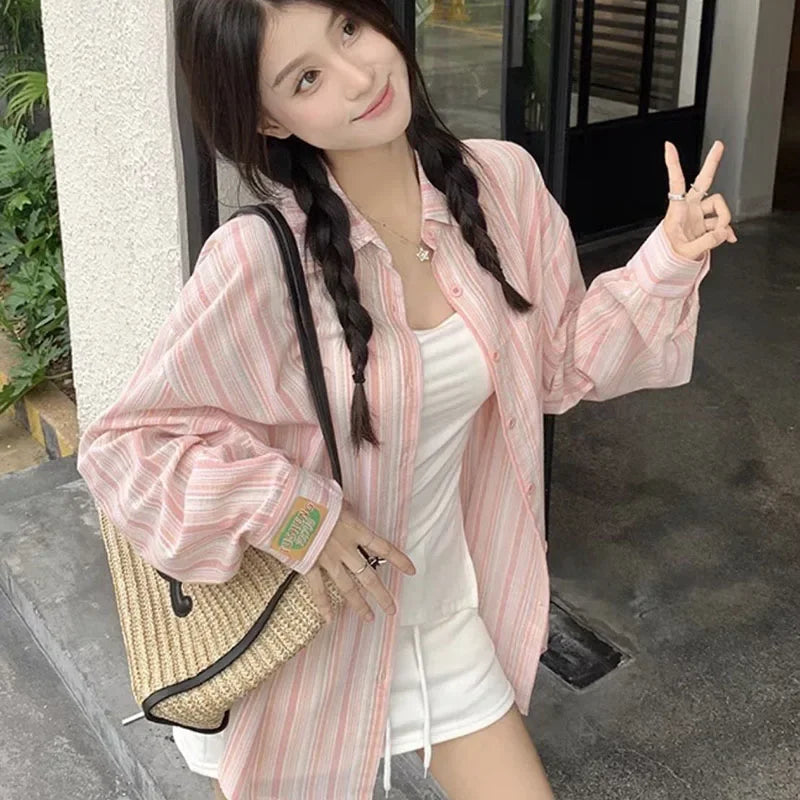 Pink Striped Shirt Women Korean Style Loose Long Sleeved Button Up