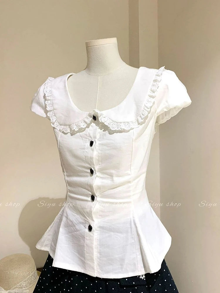 White Slim Sweet Shirt Women Puff Sleeve Cute Preppy Style Blouse