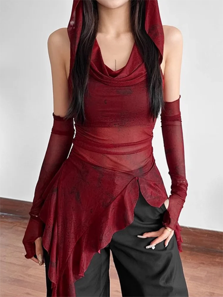 Red Mesh See Through Top Streetwear Hooded T-shirt Irregular Ruffle