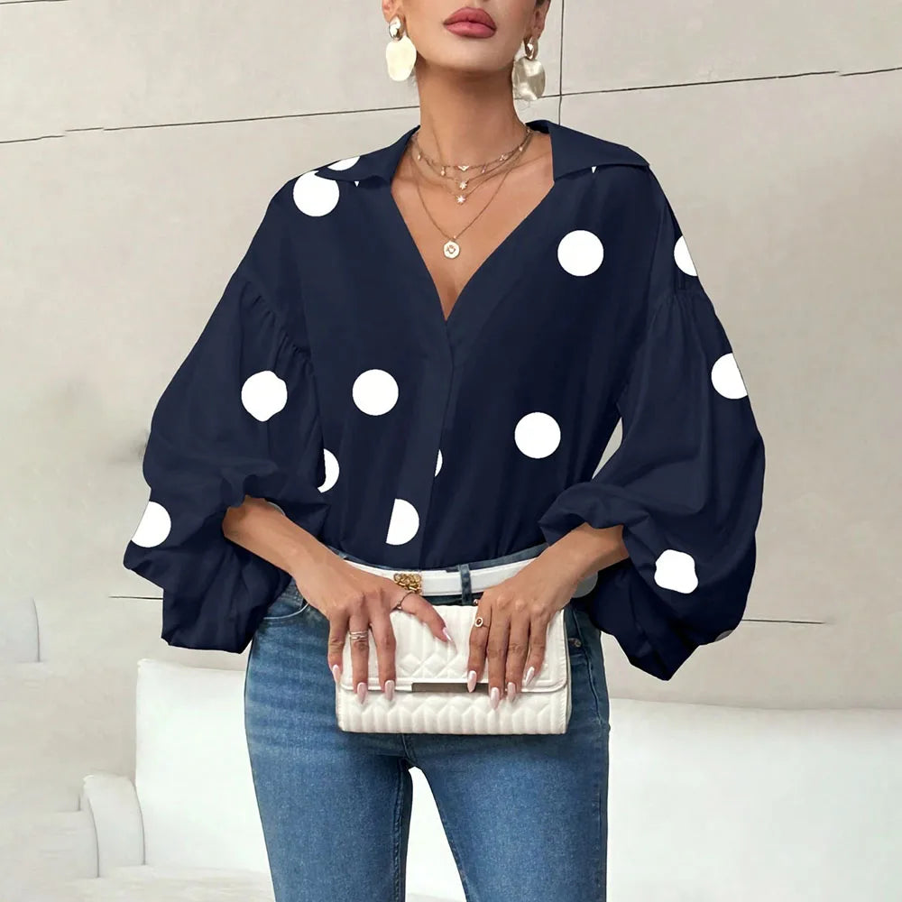 Casual Polka Dot Print Loose Blouse Women 2026 Summer Fashion Long