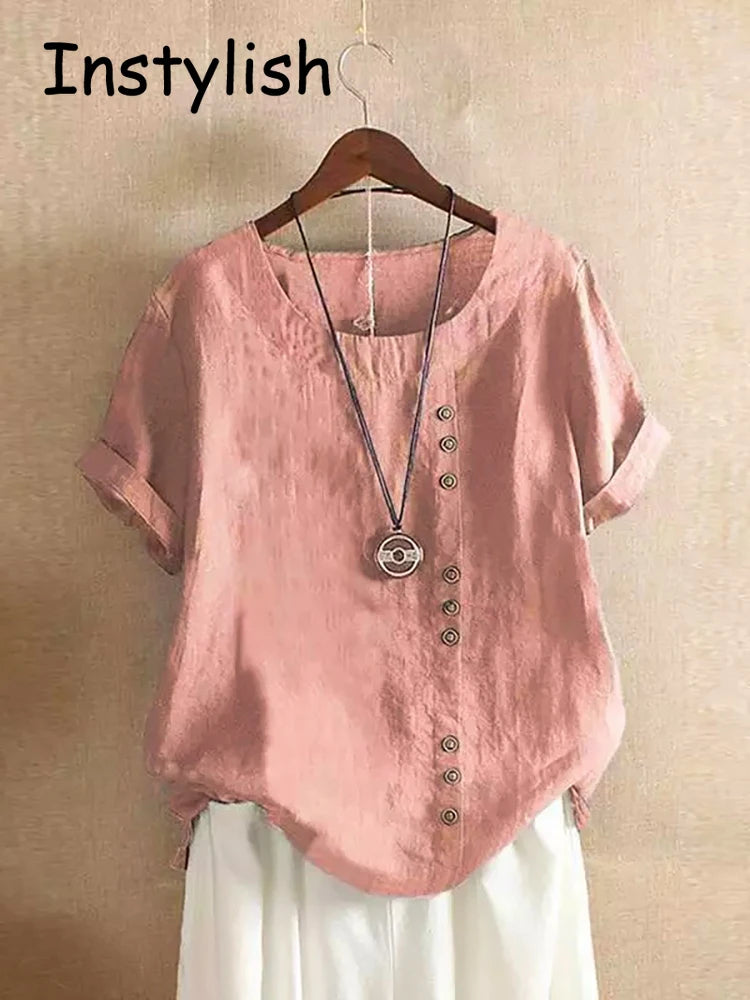 Vintage Harajuku Button T Shirt Casual Summer Short Sleeve Cotton