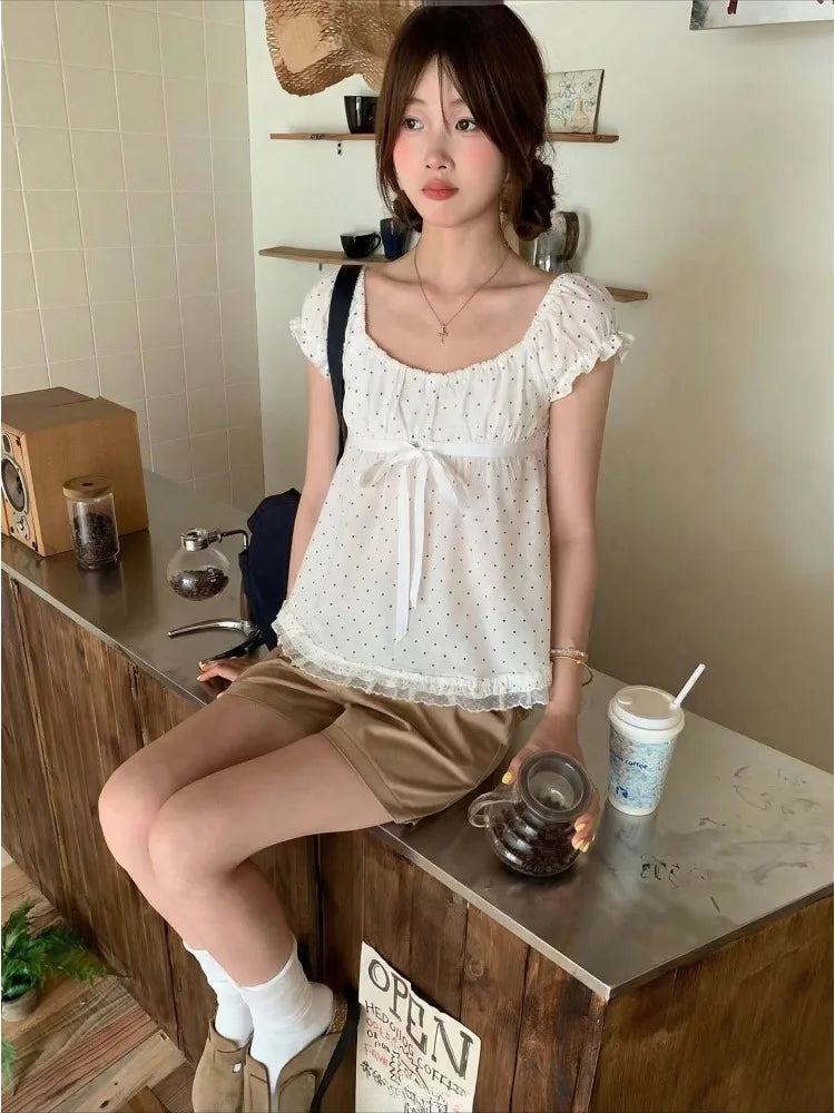 Ezgaga Shirts Women Sweet Polka Dot Lace Patchwork Puff Short Sleeve