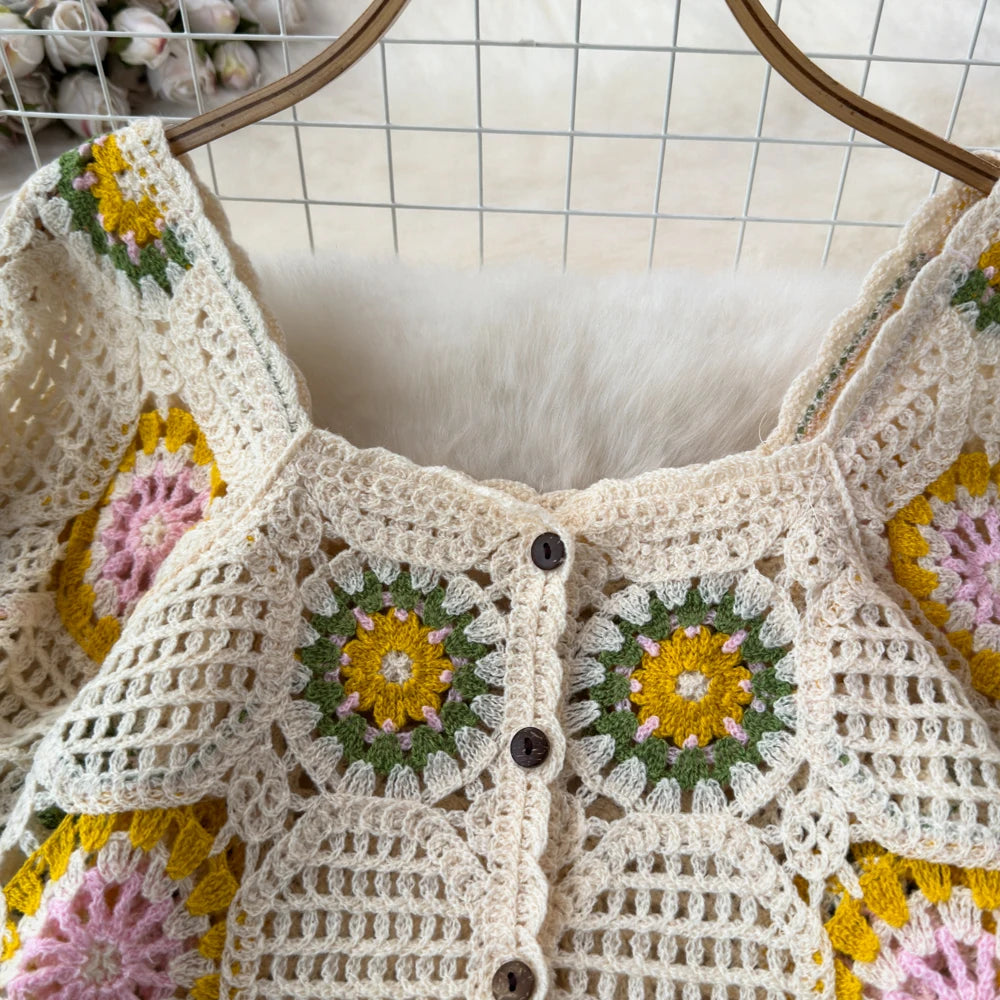 Square Neck Button-up Crochet Top Short Sleeve Granny Square Open-knit