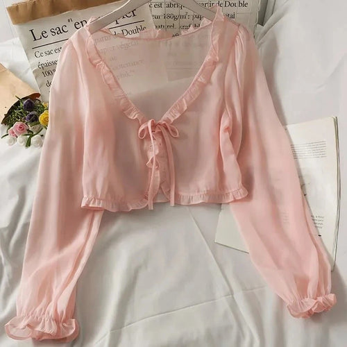 Women Summer Sun Protection Coat Lace Bow Ruffle Cardigan Shirt Female