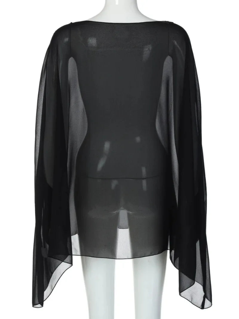 Woman Clothes See-through Chiffon Blouses Sexy Fashion Solid Cover-ups