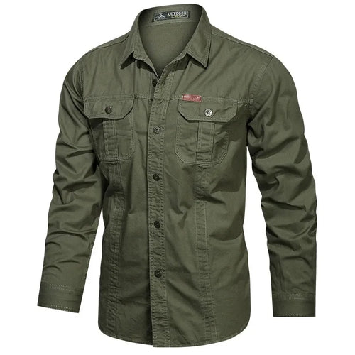 2024 Fashion Cotton Military Shirt Long Sleeve Multi-pocket Casual