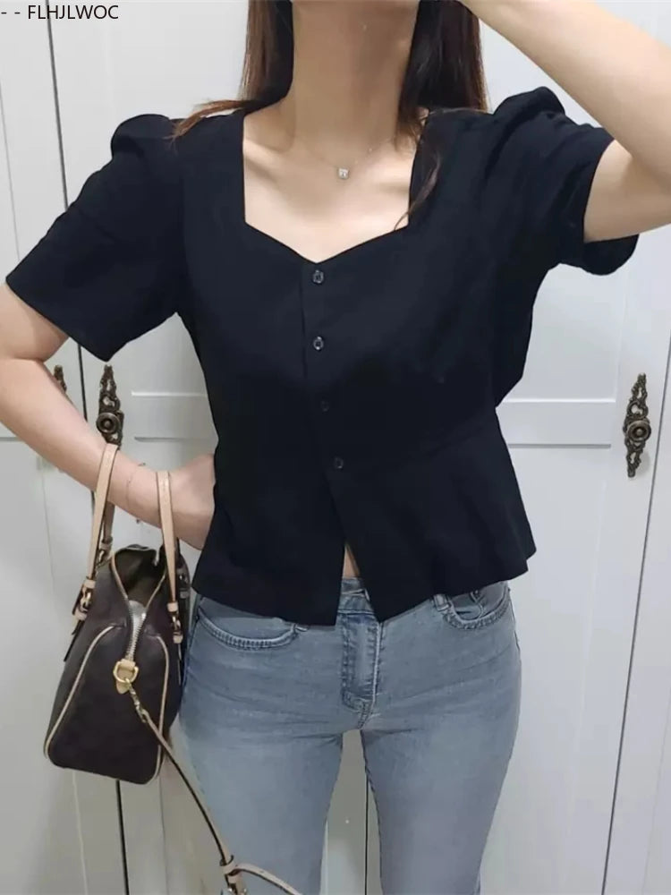 Cotton Linen Short Crop Tops Blouses Retro 2025 Summer Girls Chic
