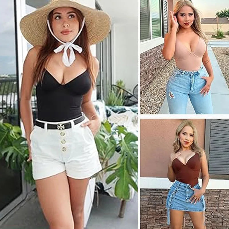GUUDIA Sexy V Neck Bodysuit Thong Tummy Control Bodysuit Seamless