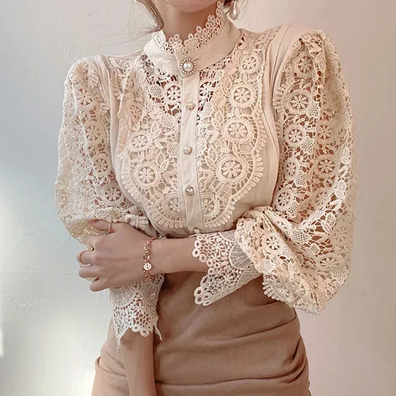 New Women's Long Sleeve High Neck  Chic Blouse, Lace Paneled Hollow