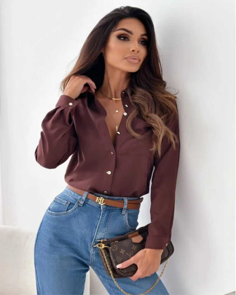 Women Elegant Solid Chiffon Blouse Spring Summer Casual Long Sleeve V