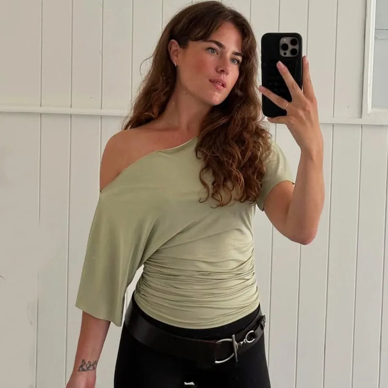 Talenza Summer One Shoulder Tops Fashion Slim Shrink Short Sleeve